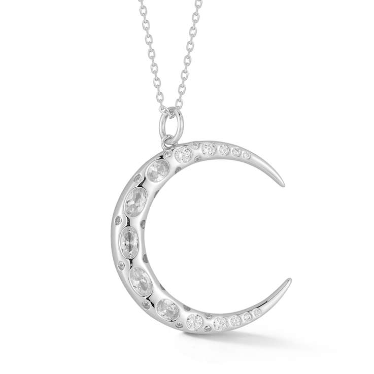 Rachel Zoe CZ Crescent Moon Pendant Necklace in Rhodium Over Sterling Silver
