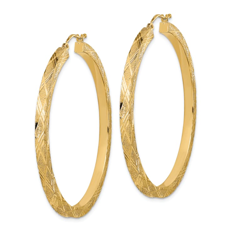 14k Yellow Gold Polished, Textured and Diamond-Cut 2 1/16" Hoop Earrings