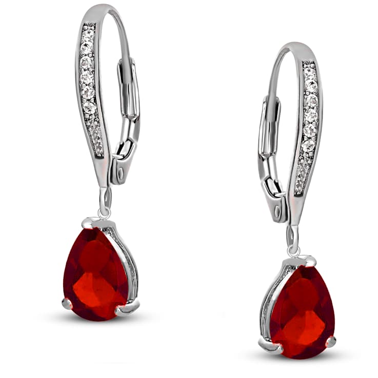 Ruby Color CZ Teardrop Drop Earrings In Sterling Silver
