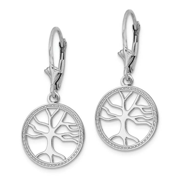 Rhodium Over 14k White Gold Textured Tree of Life in Round Frame Dangle Earrings