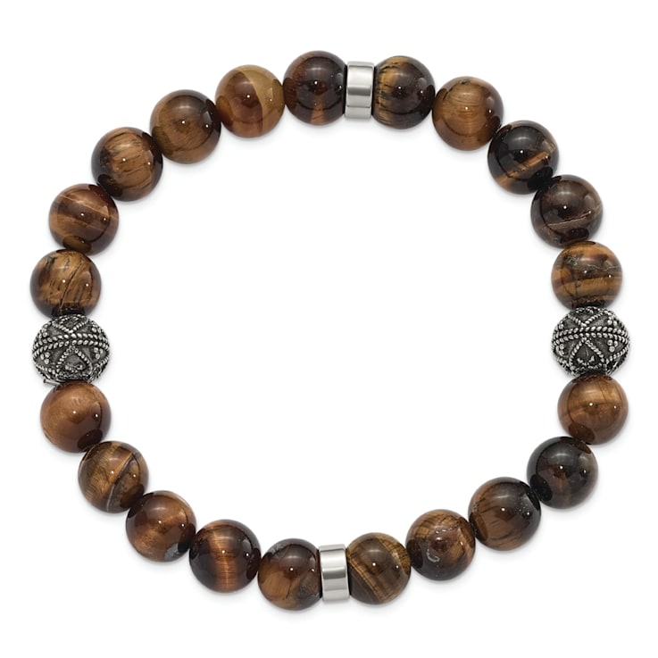 Stainless Steel Antiqued and Polished Tiger's Eye Stretch Bracelet