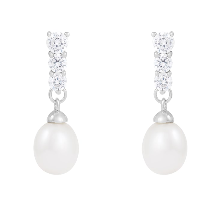 7-8mm White Cultured Freshwater Pearl and Cubic Zirconia Rhodium Over
Sterling Silver Earrings