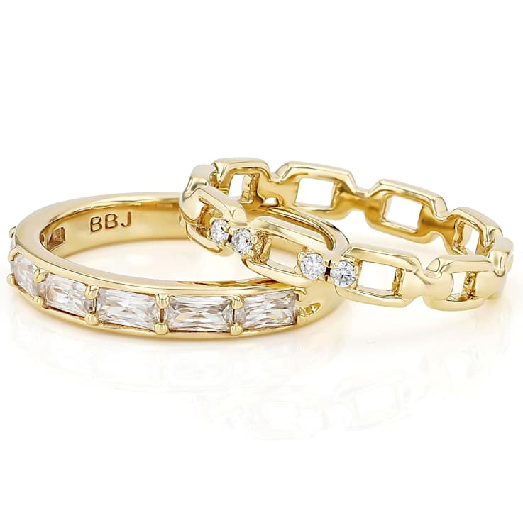 Moissanite Baguette And Round Stackable Ring Set Of 2 In 14K Gold Over
Sterling Silver