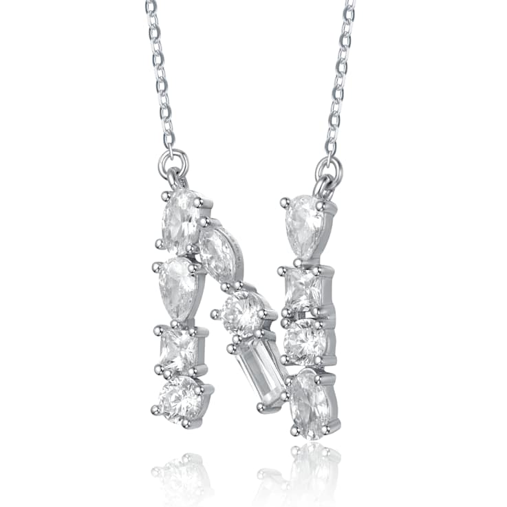 Initial N Mixed Cut CZ Pendant Necklace In Sterling Silver 18 Inch