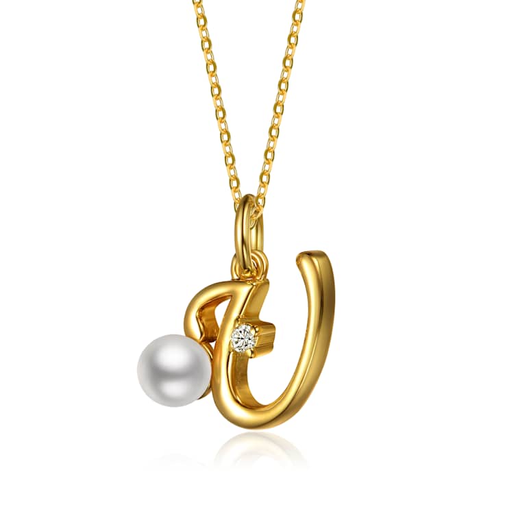 Initial U Pear Shape CZ And Pearl Pendant Necklace In 14K Gold Over Brass