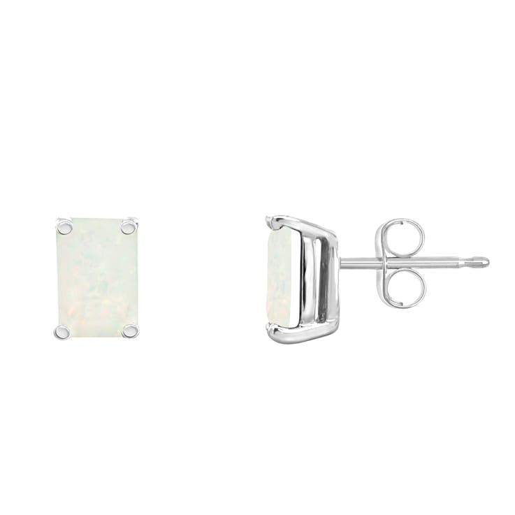 6x4mm Emerald Cut Opal 14k White Gold Stud Earrings