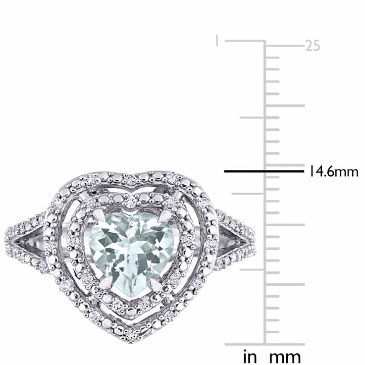 Aquamarine and Diamond 10K White Gold Halo Heart Ring 1.68ctw
