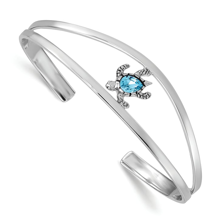 Rhodium Over Sterling Silver Blue Crystal Turtle Bangle