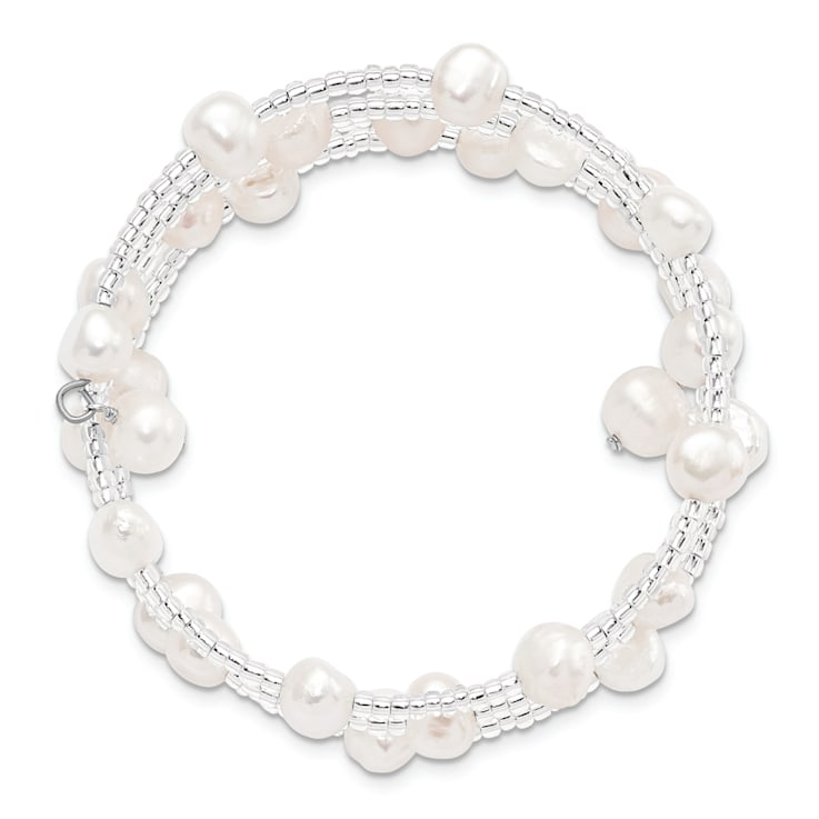 7-8mm White Baroque Freshwater Cultured Pearl and Glass Beaded Wrap Bracelet