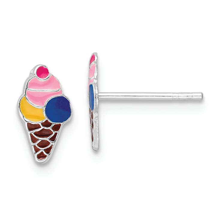Rhodium Over Sterling Silver Enamel Kids Ice Cream Cone Post Earrings