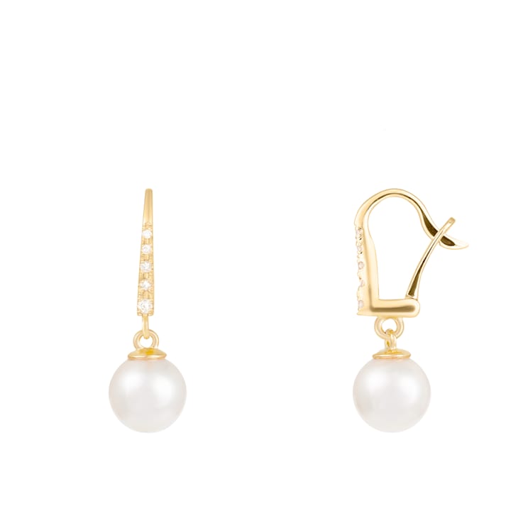 White Cultured Akoya Pearl 14k Yellow Gold Earrings 7-7.5mm