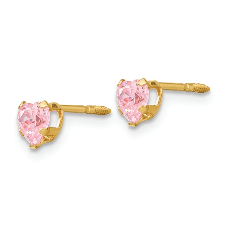 14k Yellow Gold 4mm Pink Cubic Zirconia Heart Earrings