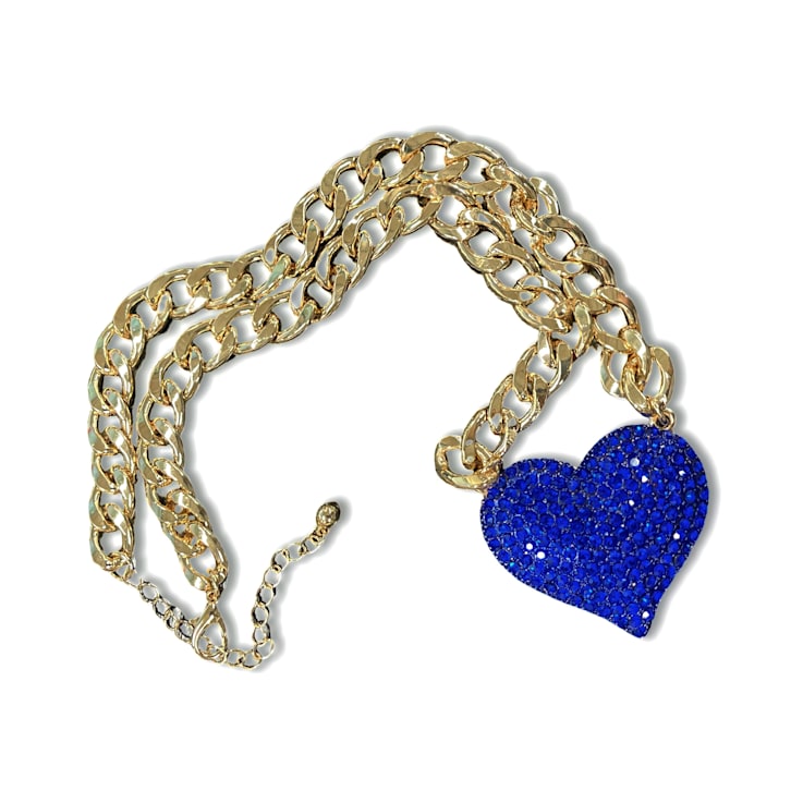 Blue Crystal Gold Tone Center Heart Pendant Necklace.