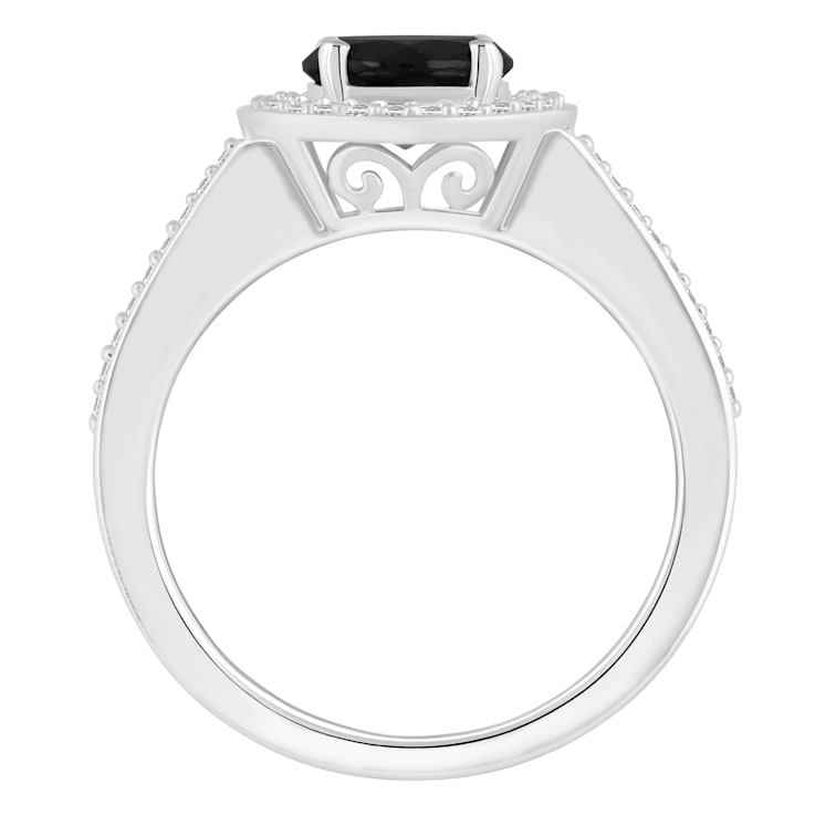 7mm Round Black Onyx 1/5 ctw Diamond Rhodium Over Sterling Silver Halo Ring