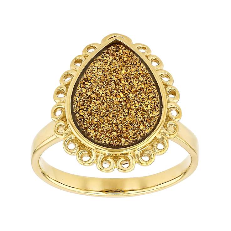 Golden Druzy Quartz Pear Solitaire Ring In 18K Gold Over Sterling Silver 3.61ct