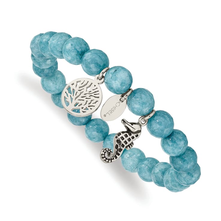 Stainless Steel Antiqued and Polished Seahorse Blue Dyed Jade Stretch Bracelet
