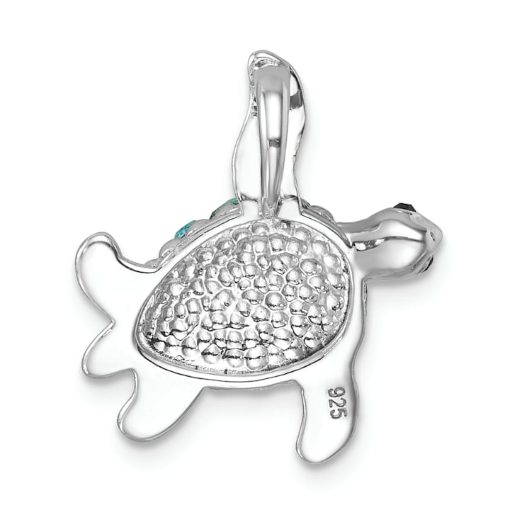 Rhodium Over Sterling Silver Polished Crystal Turtle Chain Slide Pendant
