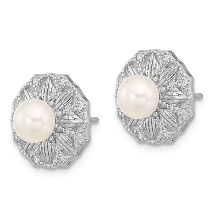 Rhodium Over Sterling Silver Textured 5-6mm Freshwater Cultured Pearl
Flower Post Earrings
