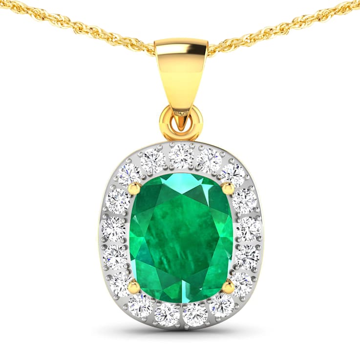 2.50ctw 14K Yellow Gold Zambian Emerald and White Diamond Pendant with
18 inch Cable Chain