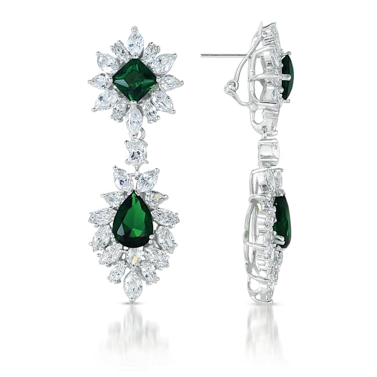 Emerald Color CZ Double Cluster Drop Earrings In Sterling Silver