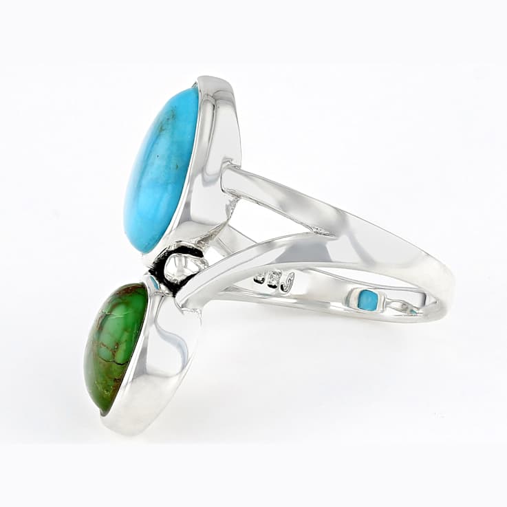 Blue And Green Turquoise Two-Stone Ring In Sterling Silver