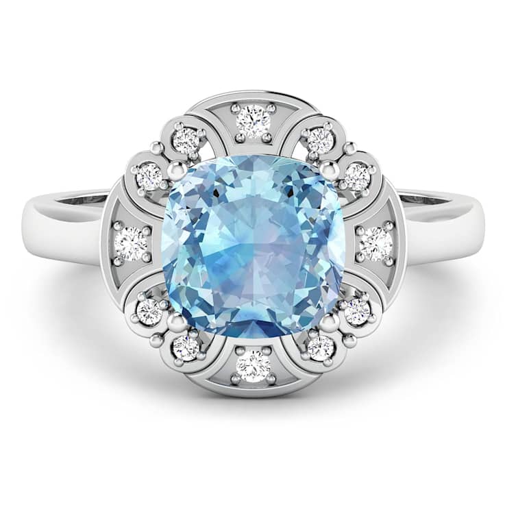 Blue Aquamarine and White Diamond 14K White Gold Halo Ring 1.57 ctw
