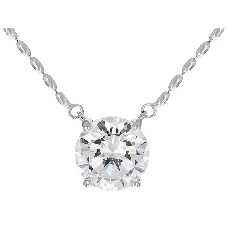 Round CZ Solitare Station Pendant Necklace in Rhodium Over Sterling Silver