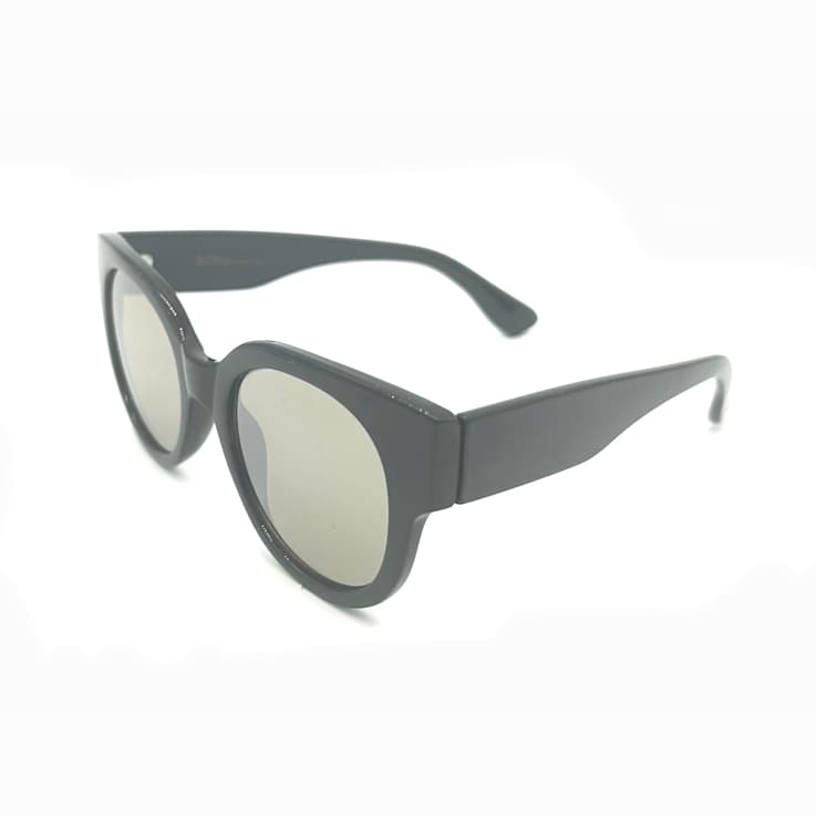 BCBG Shiny Black Round Frame / Gray Brown Mirrored Lenses Sunglasses