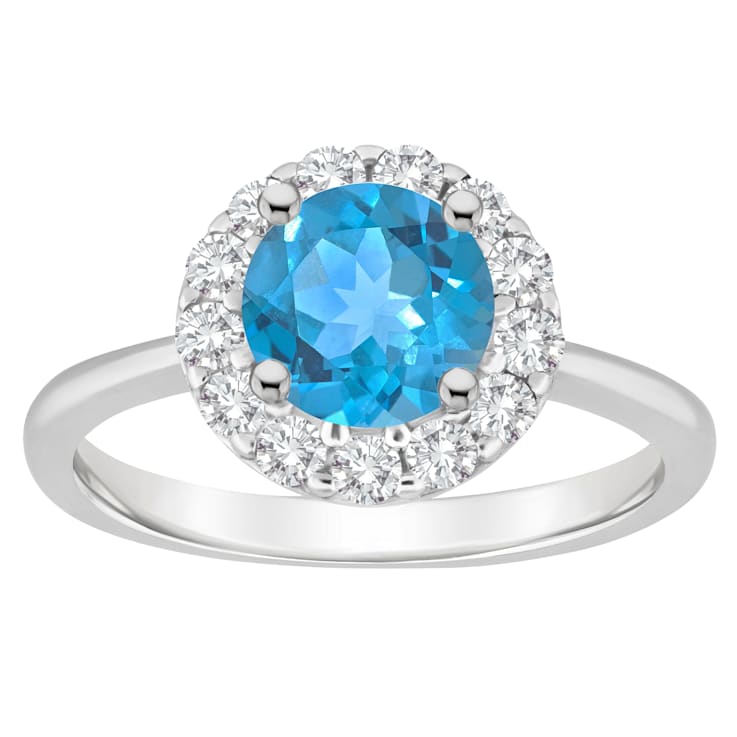 7mm Round Swiss Blue Topaz And White Topaz Accents Rhodium Over Sterling
Silver Halo Ring