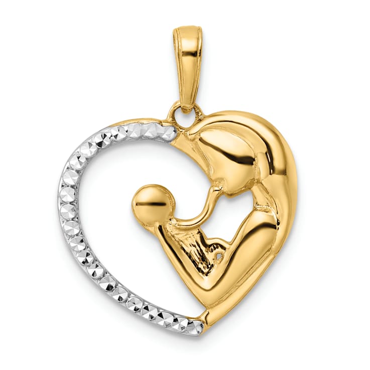 14k Two-tone Gold Diamond-Cut Mother and Baby Heart Pendant
