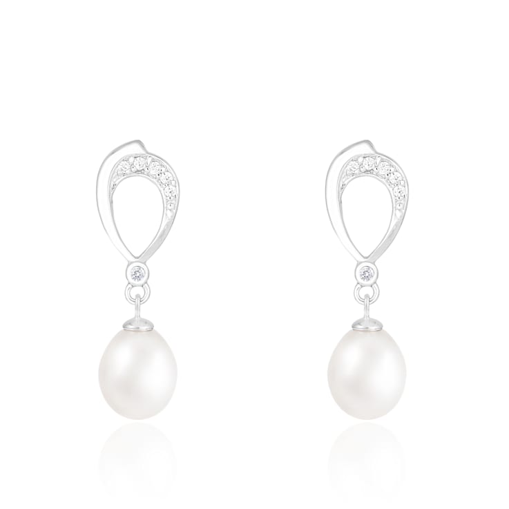 7.5-8mm White Cultured Freshwater Pearl Rhodium Over Sterling Silver Earrings