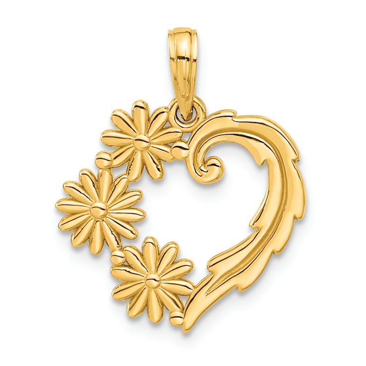 14k Yellow Gold Polished Floral Heart Pendant
