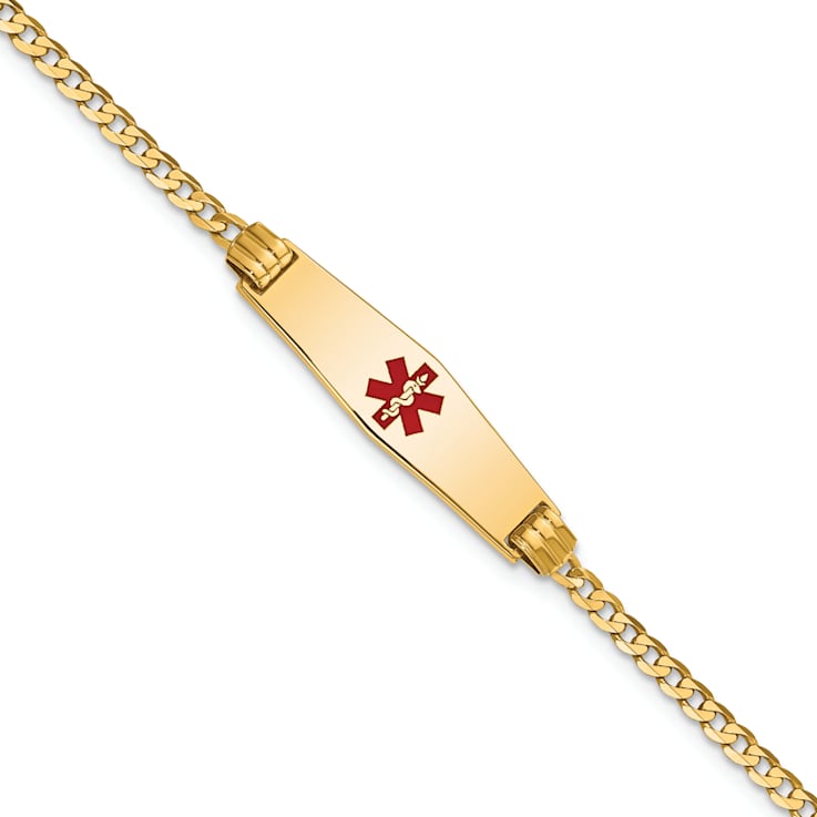 14k Yellow Gold Medical Soft Diamond Shape Red Enamel Curb Link ID Bracelet