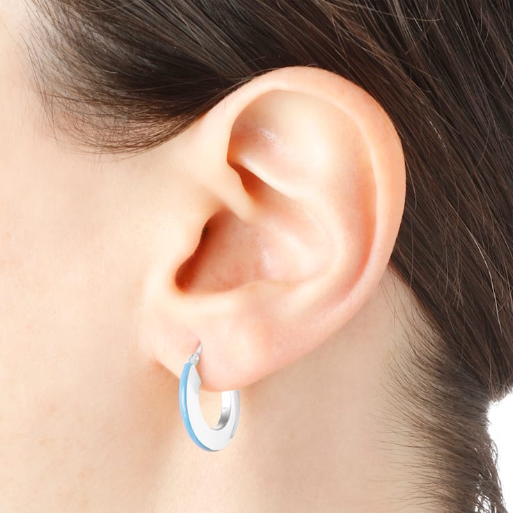 Sterling Silver Blue Enamel Round Hoop Earrings