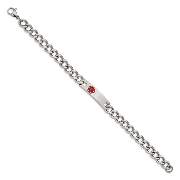 Stainless Steel Polished with Red Enamel 9.5-inch Medical ID Bracelet