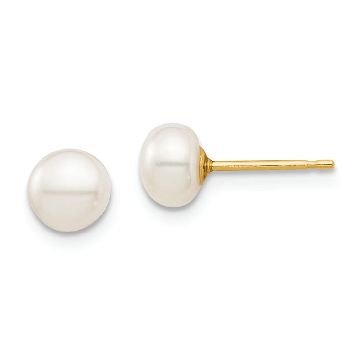 14K Yellow Gold 5-6mm White Button Freshwater Cultured Pearl Stud Post Earrings