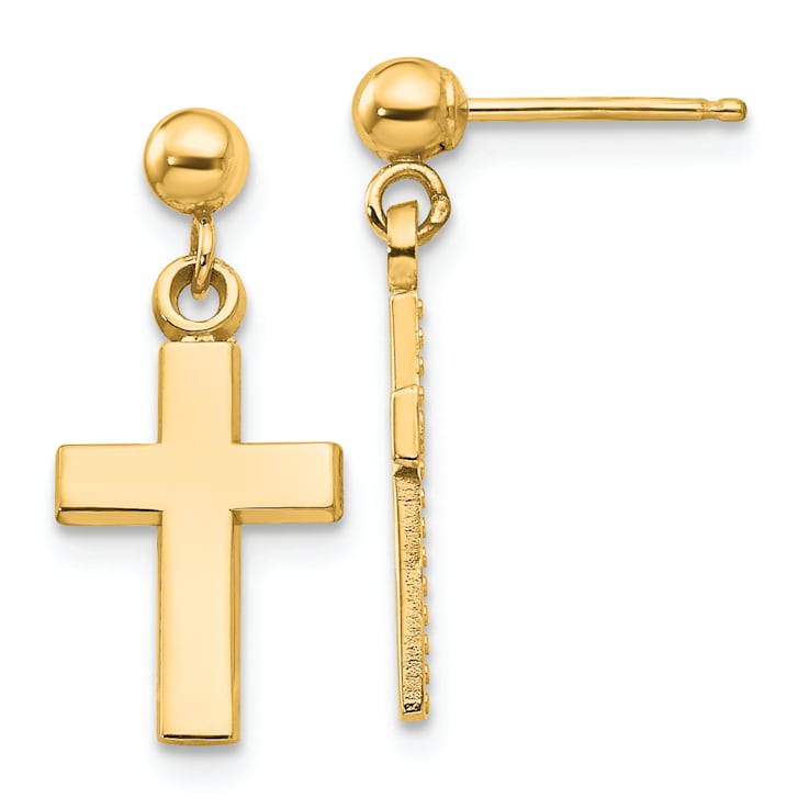14k Yellow Gold Polished Cross Dangle Earrings