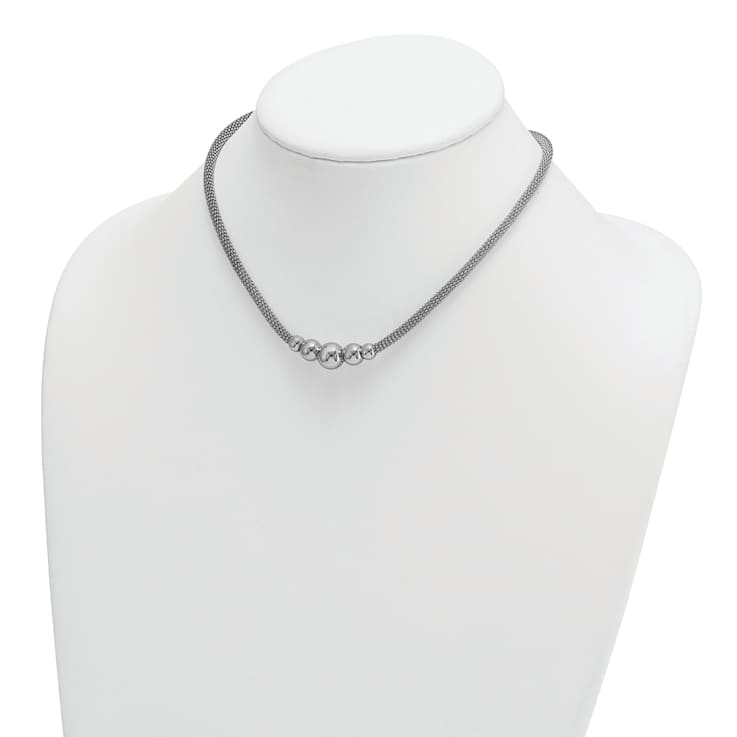 Rhodium Over Sterling Silver Polished Mesh Graduated Beaded Necklace
