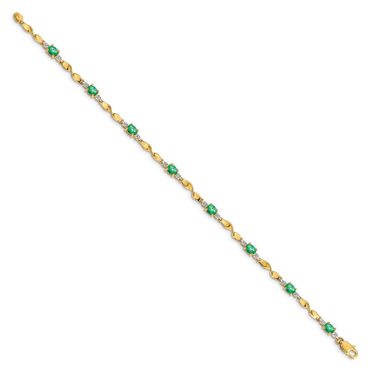10k Yellow Gold Diamond and Oval Green Emerald Bracelet
