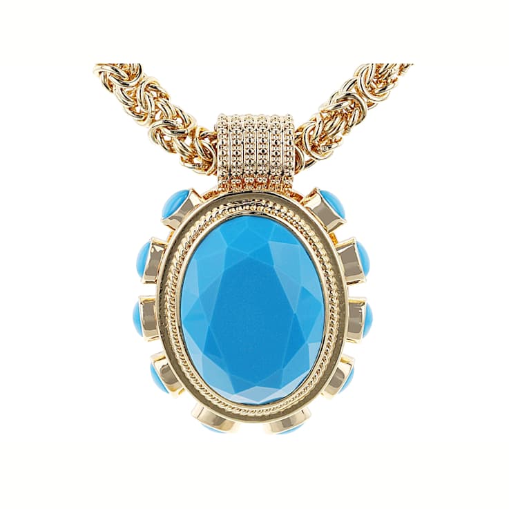 Turquoise Simulant And Crystal Enhancer Pendant With Byzantine Chain In
Gold Tone