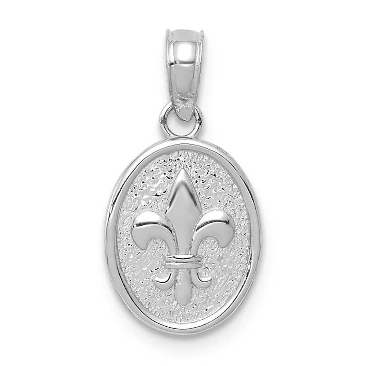 Rhodium Over 14k White Gold Textured Mini Fleur-De-Lis Oval Charm