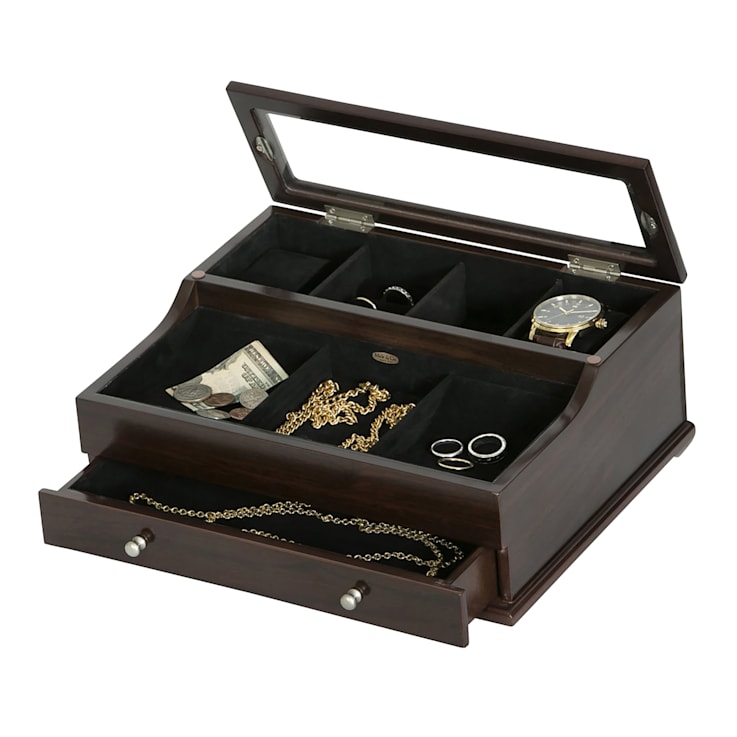 Mele and Co Hampden Men's Glass Top Wooden Dresser Top Valet