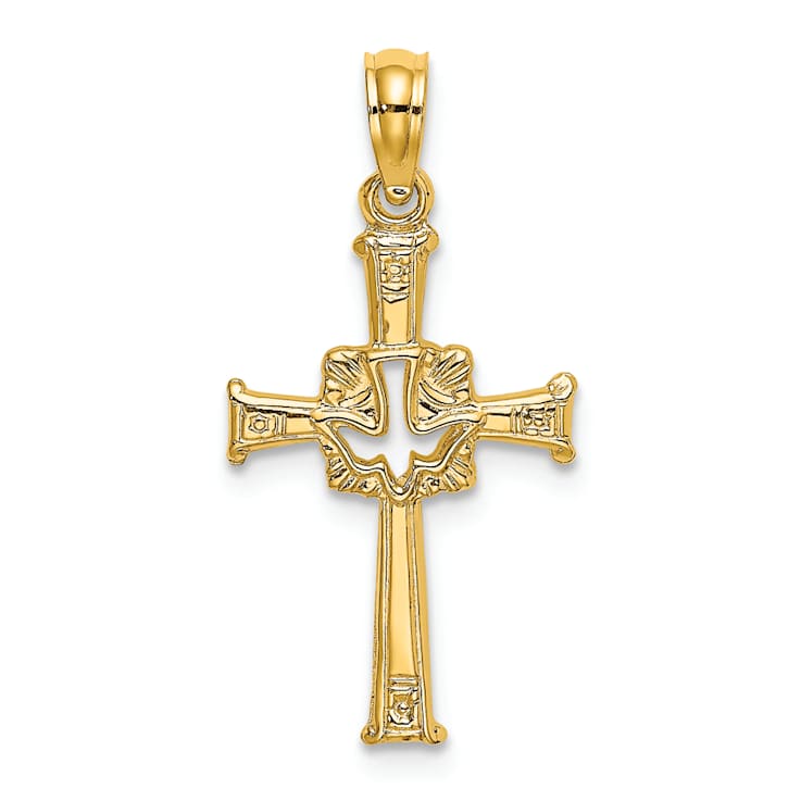 10K Yellow Gold Polished and Textured Cross with Dove Charm
