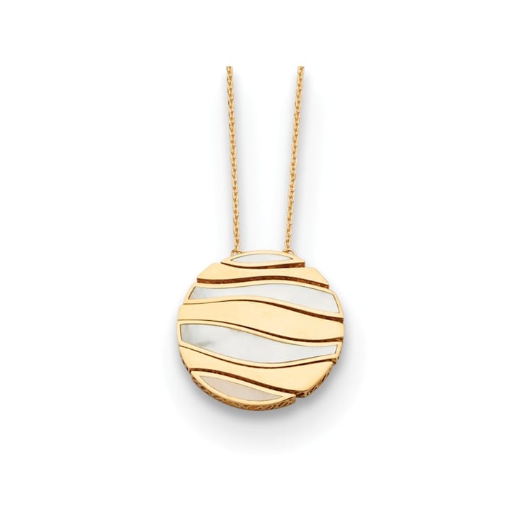 14K Yellow Gold Mother of Pearl 26mm Wave Circle 18 Inch Necklace