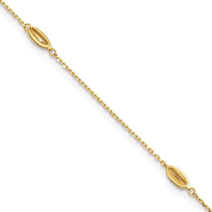 14K Yellow Gold Polished and Textured Station 9-inch Plus 1-inch
Extension Anklet