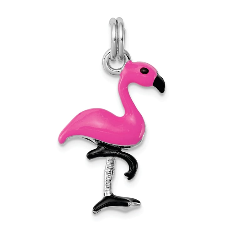 Rhodium Over Sterling Silver Hot Pink and Black Enameled Flamingo Charm
