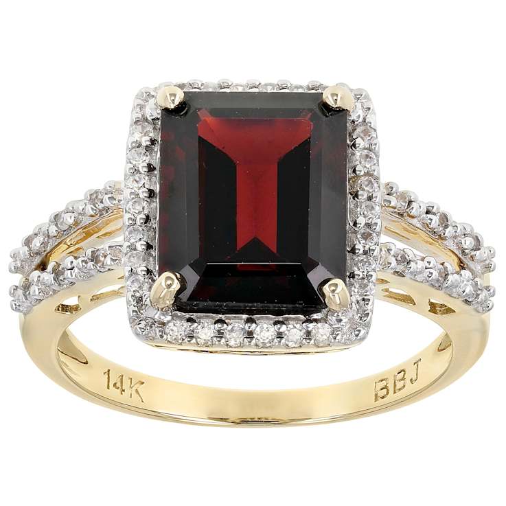 Garnet Emerald Cut And White Zircon Ring In Solid 14K Yellow Gold 3.67ctw
