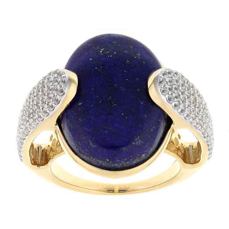 Lapis Lazuli Large Oval And White Zircon Ring In 18K Gold Over Sterling
Silver 1.44ctw