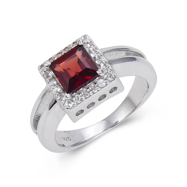 Garnet with White Topaz Accents Sterling Silver Halo with Split Shank Ring