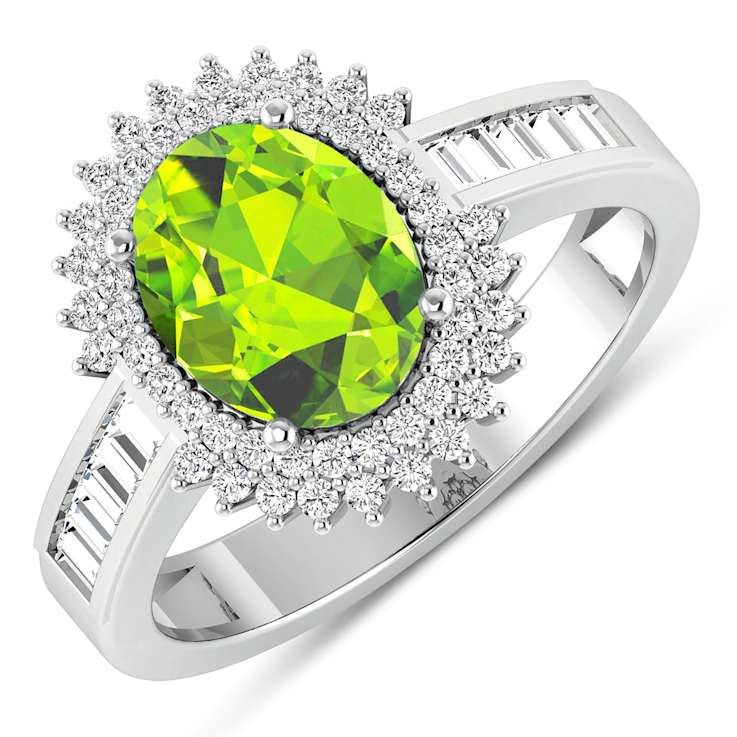 14K White Gold Green Peridot and White Diamond Oval Halo Ring 2.12ctw